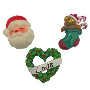 VTG‎ 3PC Christmas Brooch Set Holiday Santa Wreath Love Stocking Teddy Bear Cute
